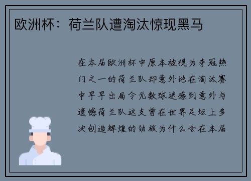 欧洲杯：荷兰队遭淘汰惊现黑马